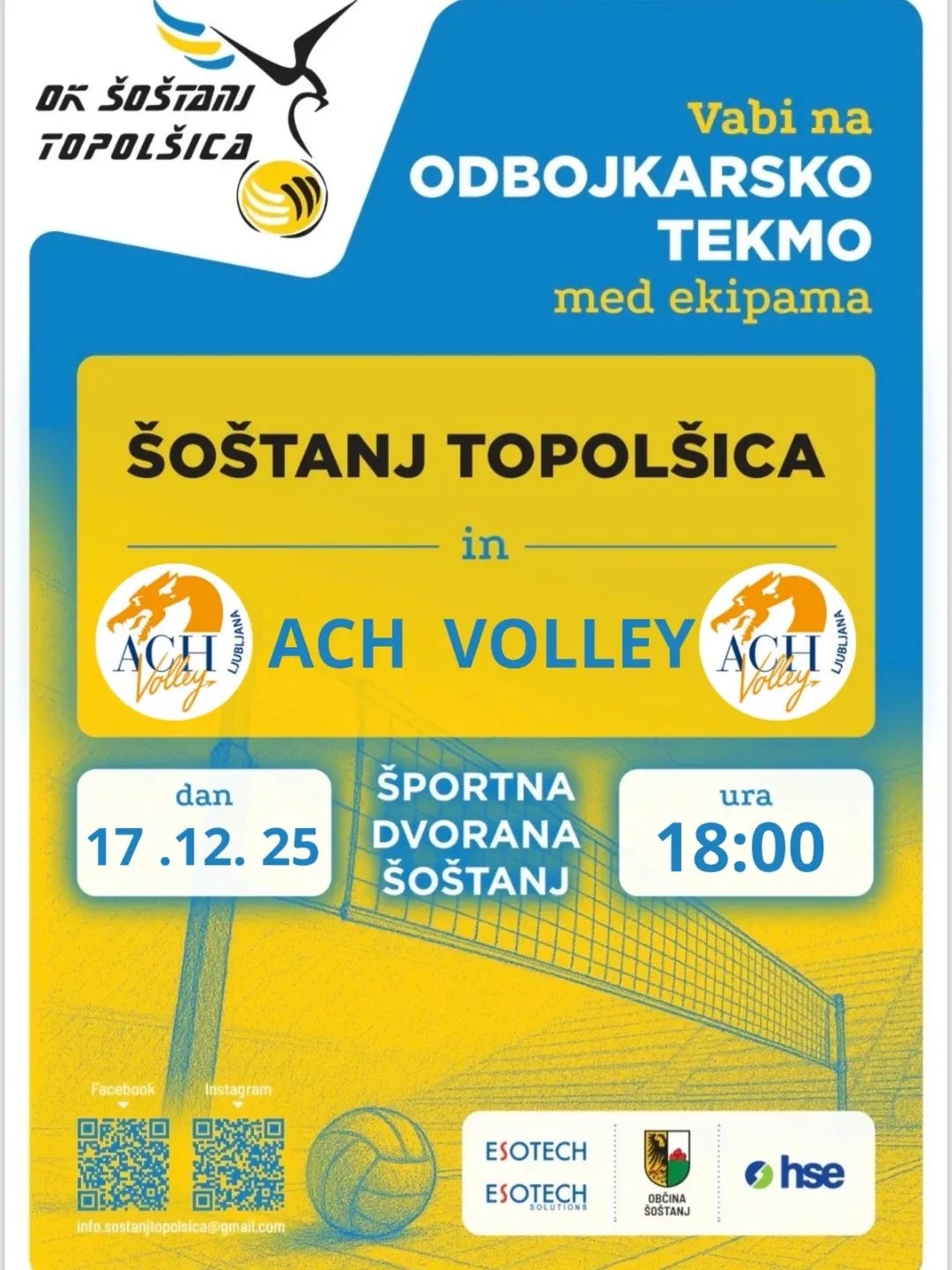 Vabilo na odbojkarsko tekmo Šoštanj Topolšica : ACH Volley